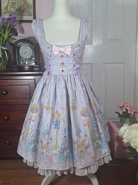 🎀 Angelic Pretty Lilac Castle Print Ribbon-Laced JSK 🏰 Sweet Lolita JSK